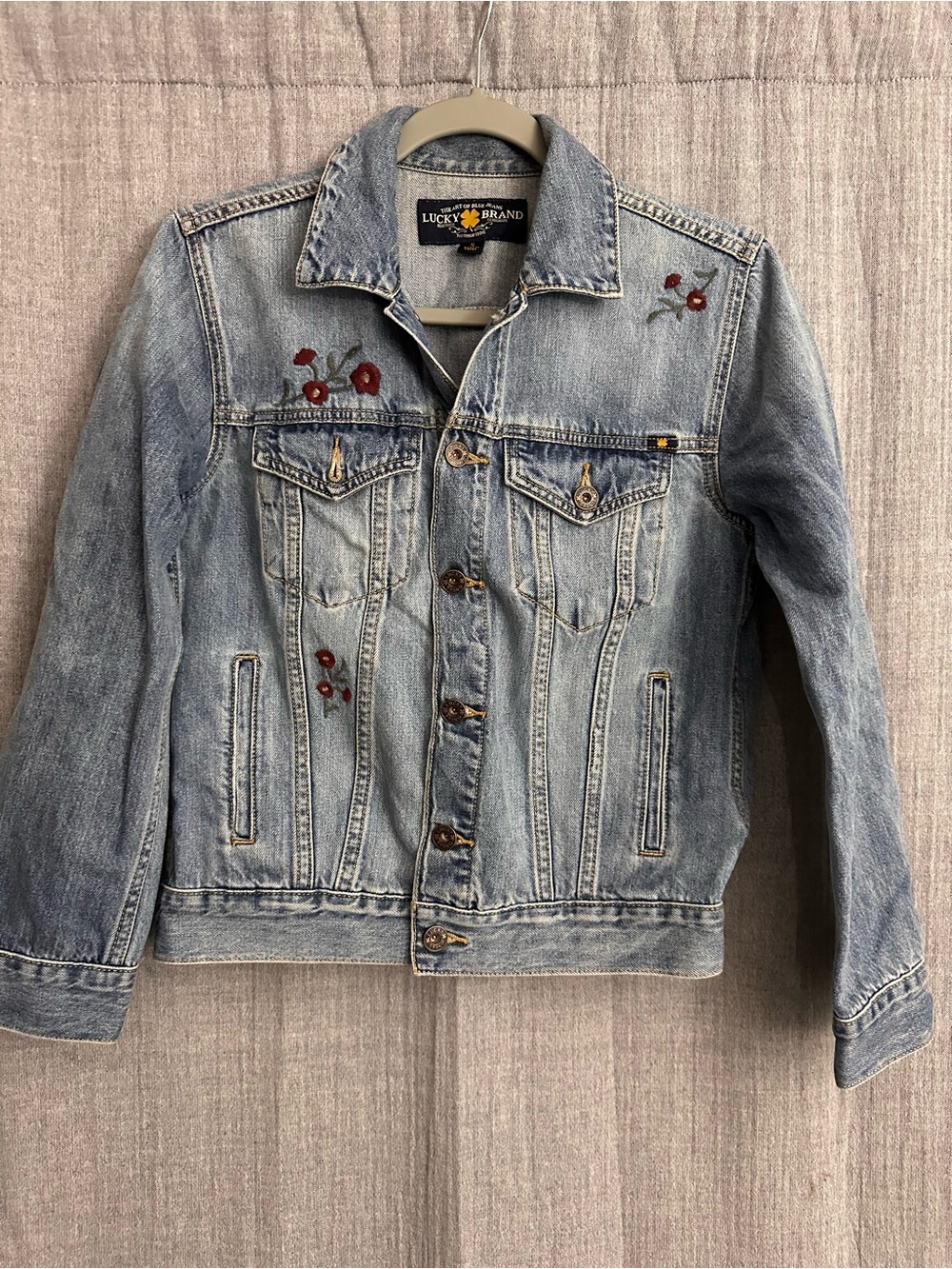 Lucky Brand Light Blue Denim Jacket with Red Floral Embroidery